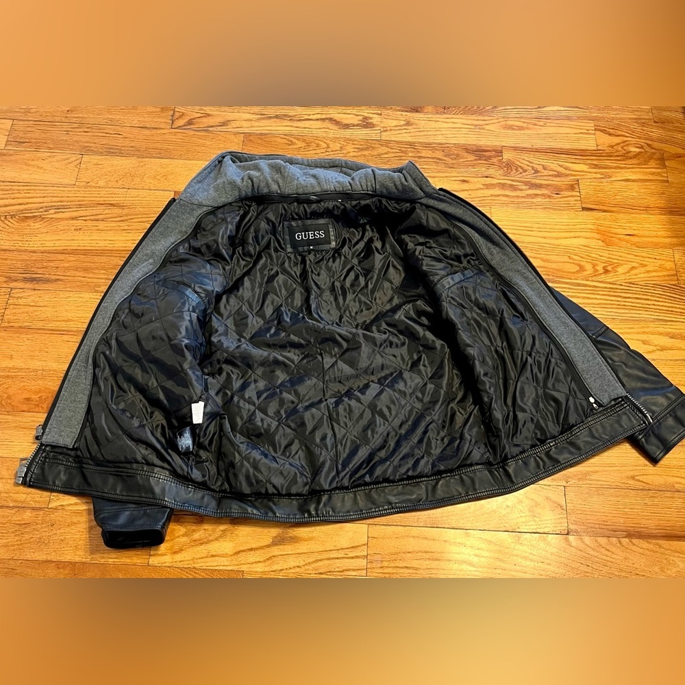 GUESS Mens Black Faux Leather Moto Jacket Detachable Hood Size Medium Biker Edgy - Picture 5 of 16